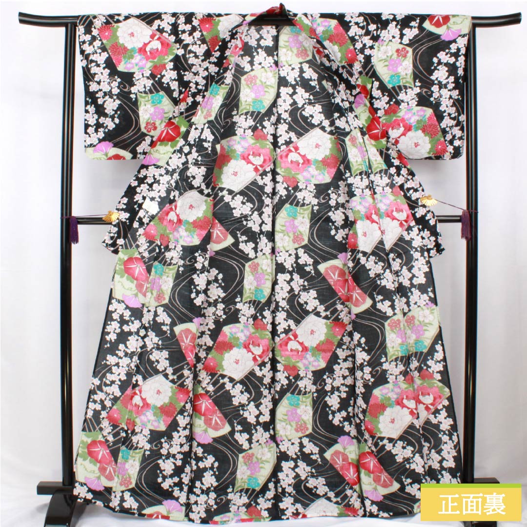 Cotton Yukata, Length 167cm, Sleeve Length 64cm, S Rank, Single Layer, Black, Vertical Silk, All-over Flower Pattern, Fan Pattern, 1118006262510