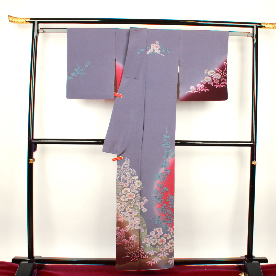 Homongi (formal kimono) Length 157.5cm Sleeve length 63cm Brown Chrysanthemum Plum Pure silk S rank Purple 1112001562320