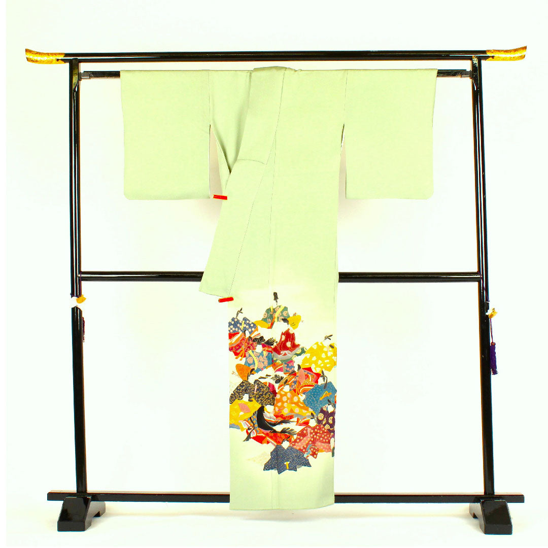 Colored Tomesode, Length 158cm, Sleeve Length 64cm, Awase, Daimyo Pattern, Pure Silk, A Rank, Three Crests, Green, 1111000123319