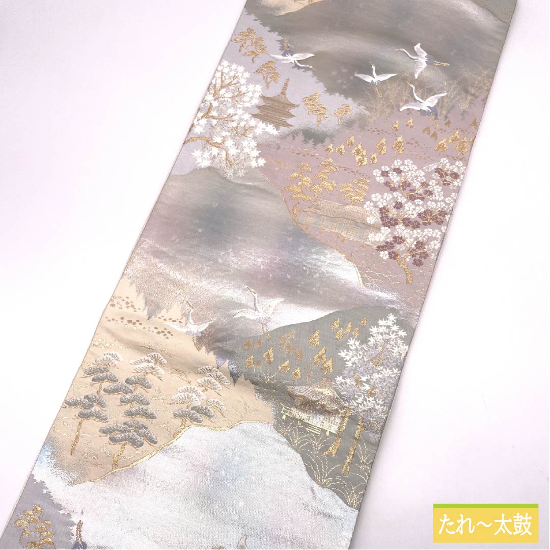 袋帯 正絹 留袖用 引箔 古都みやび 風景模様 鶴 帯丈432cm Aランク 六通 フォーマル グラデーション系 1123013943399