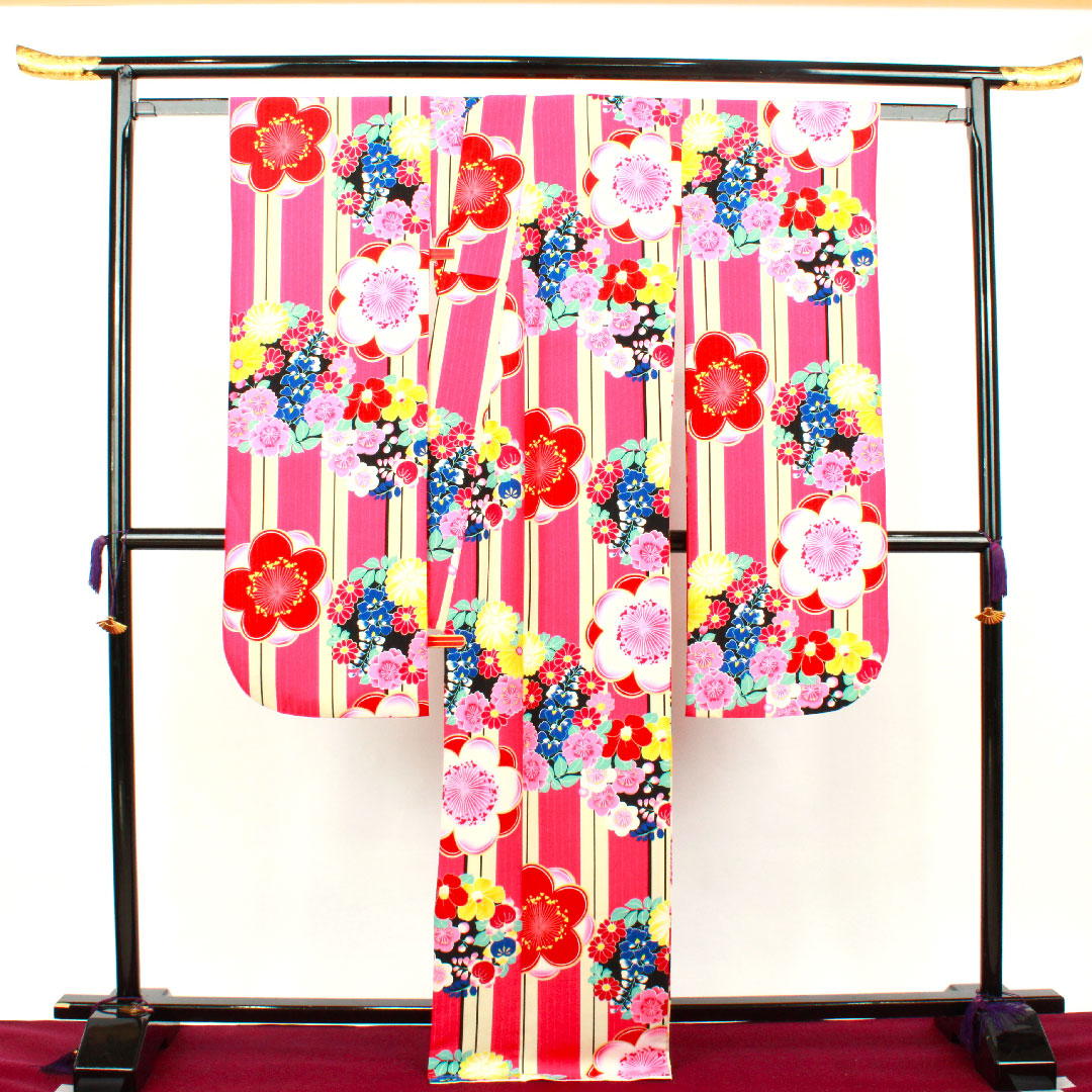 Long-sleeved kimono, length 170.5cm, sleeve length 67cm, lined, scarlet, washable kimono, plum, poly, S rank, pink, 1113001312613