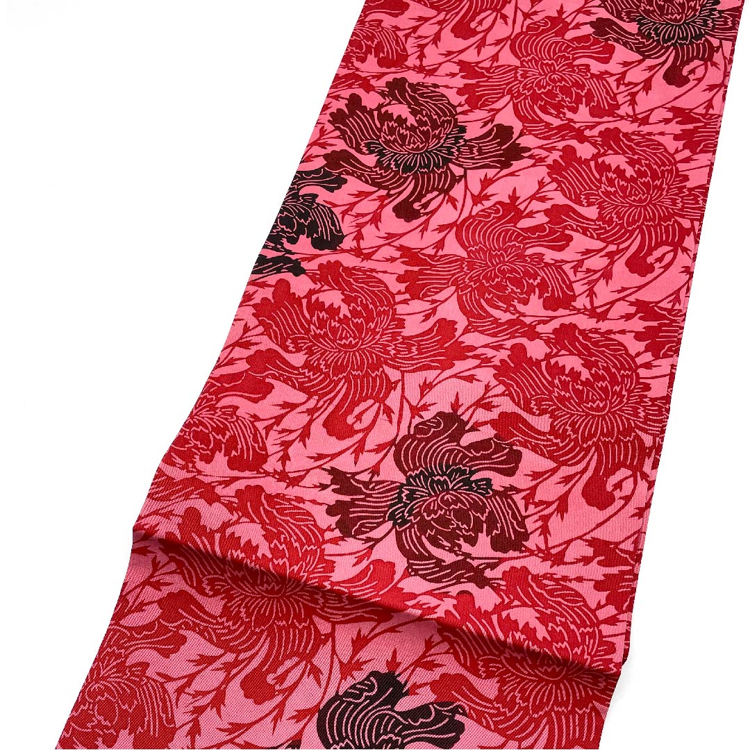 名古屋帯 中紅花色 草花模様 染帯 帯丈358cm 正絹 Aランク 六通 カジュアル 赤系 1124003493312 名古屋仕立て