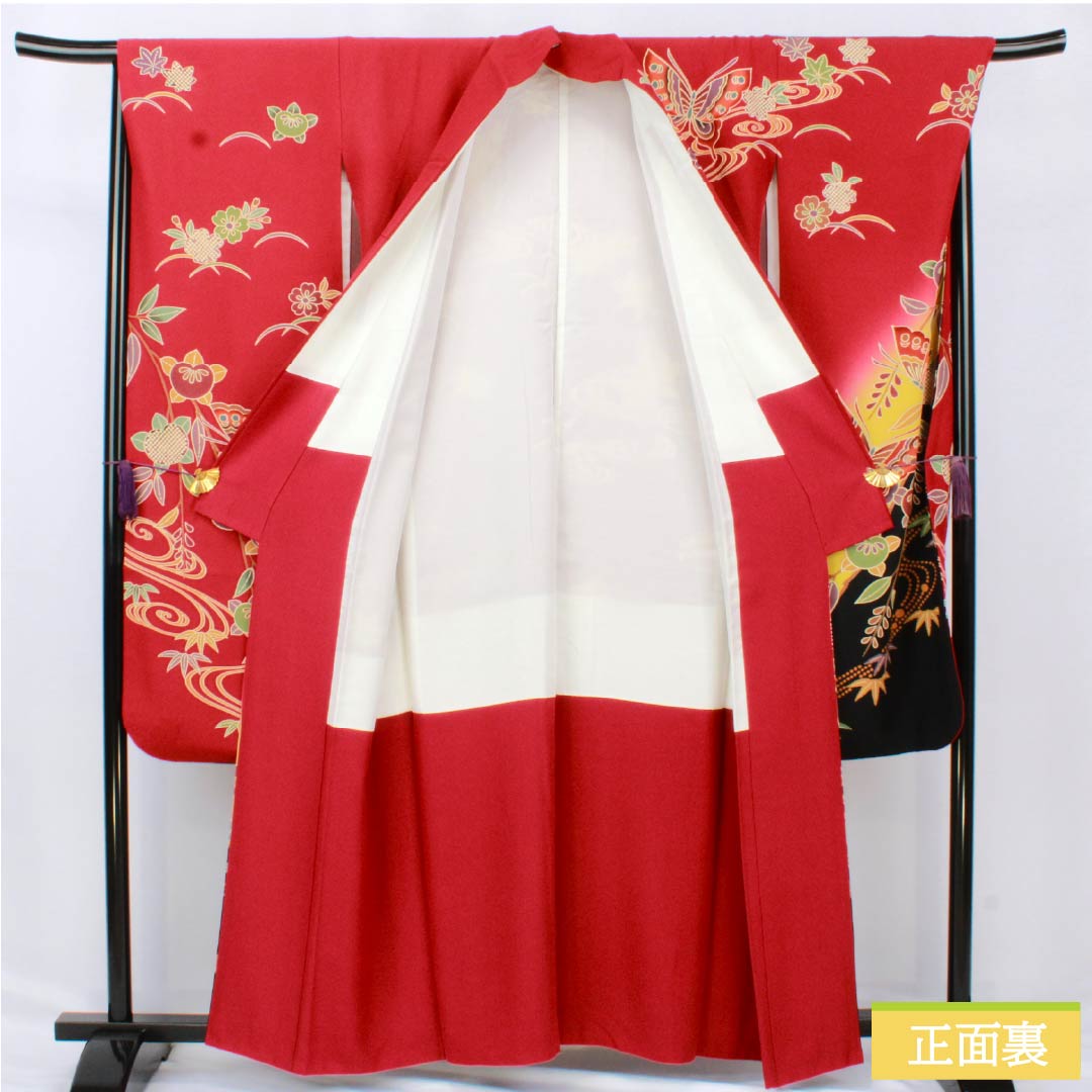 振袖 正絹 Aランク 身丈158.5cm 裄丈67cm 袷 紅赤色(べにあかいろ) 京紅型 吉祥文様 蝶 菖蒲 橘 赤系 1113002283312