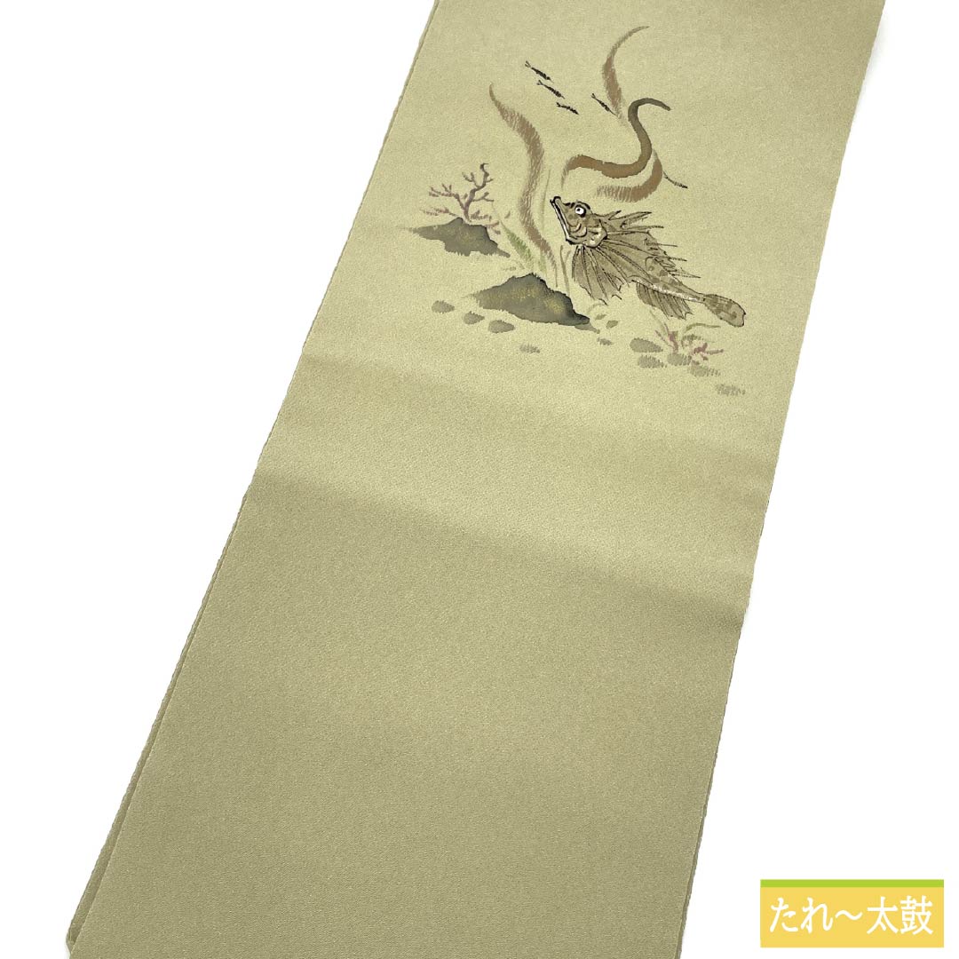 Nagoya Obi, Pure Silk, Grade A, Rikyu White Brown (Rikyu Shirachairo), Dyed Obi, Chirimen Fabric, Okoze Pattern, 360cm Long, Pointed Pattern, Casual, Green, Product Number: 1124010543319, Nagoya Style
