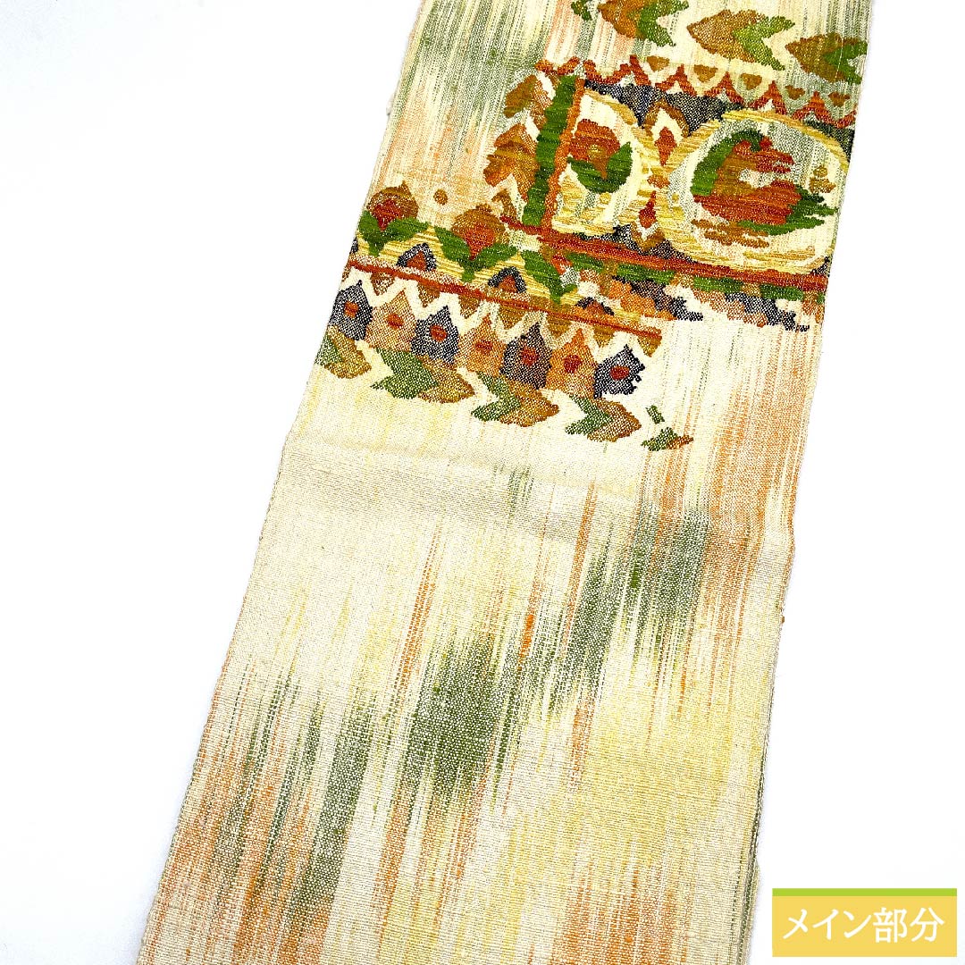 Nagoya obi, off-white, Greek pattern, pongee fabric, obi length 353.5cm, pure silk, S rank, point pattern, casual, cream color, 1124005992315, pine needle style