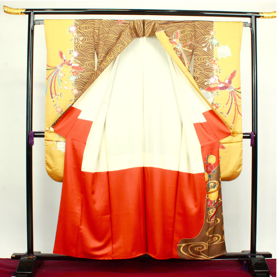 振袖 身丈157.5cm 裄丈65cm 袷 焦げ茶色 京友禅 鳳凰 糸巻き 波 正絹 Aランク 茶系 1113001543314