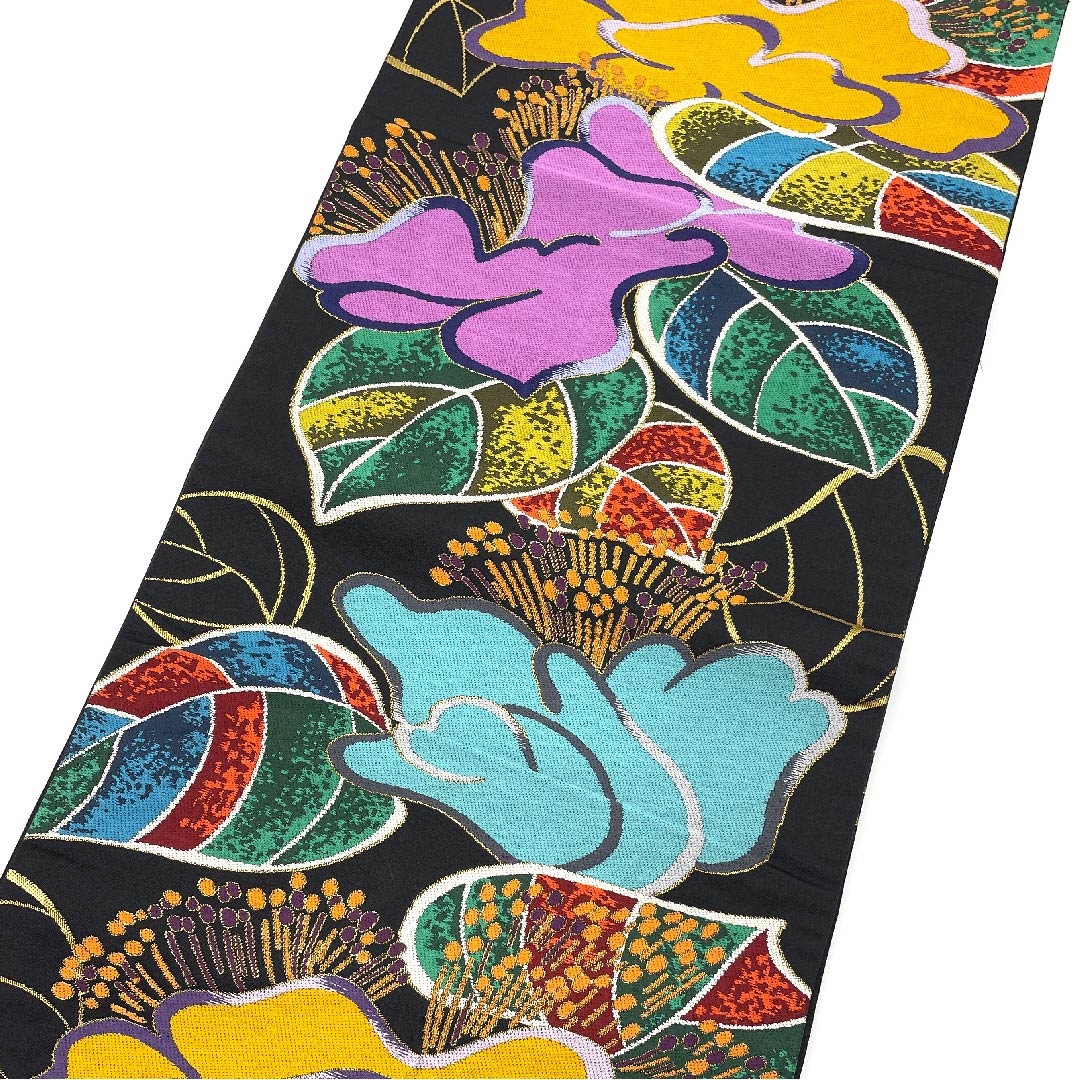 袋帯 黒色 白綾苑大庭 草花模様 帯丈430cm 正絹 Aランク 六通 フォーマル 黒系 1123005673310