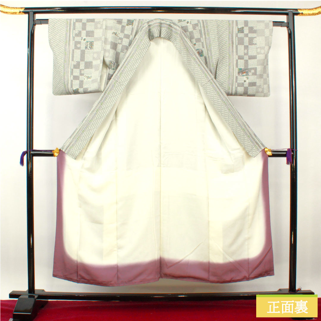 小紋 正絹 身丈151.5cm 裄丈62.5cm 袷 雲井鼠色(くもいねずいろ) 町家風景 幾何学模様 Aランク グレー系 1115004223222