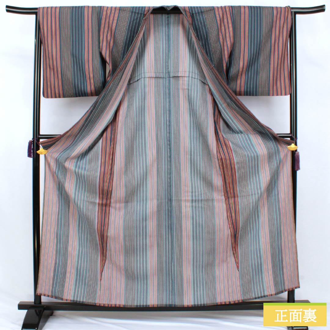 Small-pattern kimono, polyester, S rank, length 162cm, sleeve-to-sleeve 65.5cm, unlined, Berlin blue, stencil-dyed, striped, washable kimono, navy系, 1115007822418