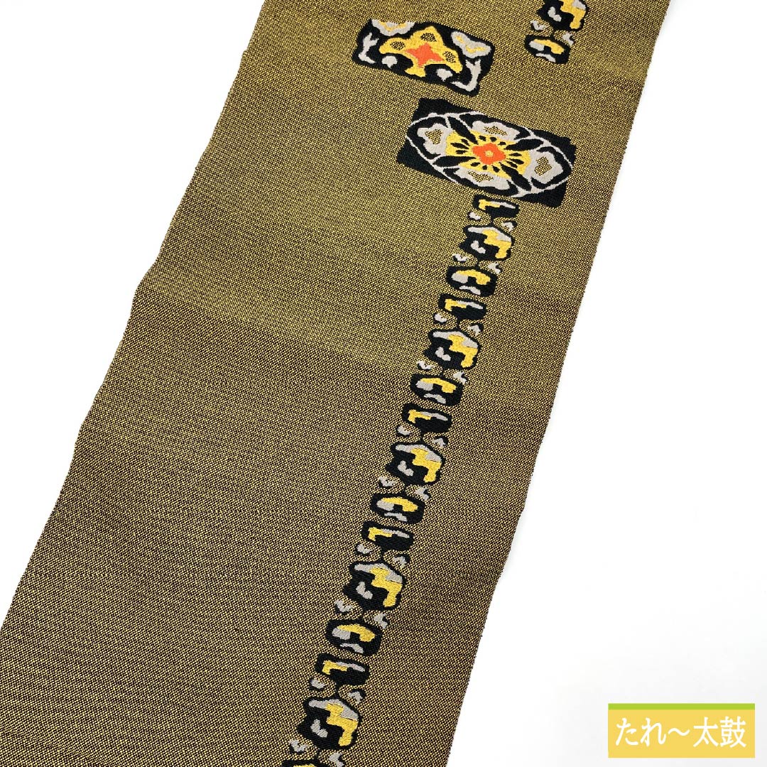 Nagoya Obi, Cotton, S-Rank, Gold, Abstract Flower Diamond Pattern, Length 332cm, Six-Ply, Casual, Yellow, Item Number 1124009092323, Nagoya Style