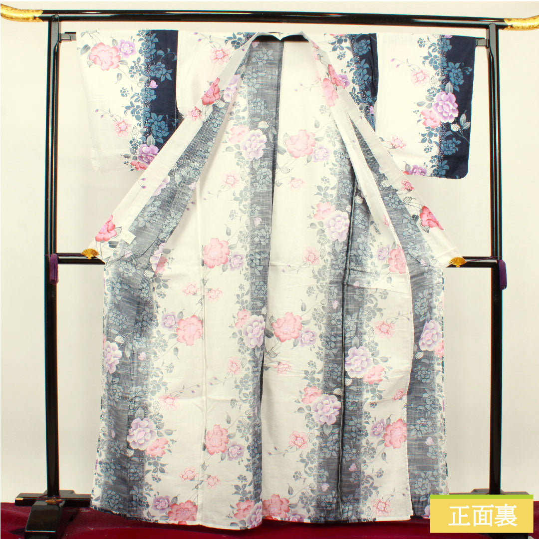 Yukata Cotton Length 166cm Sleeve length 67cm S rank Single layer White Vertical silk Peony 1118004752511