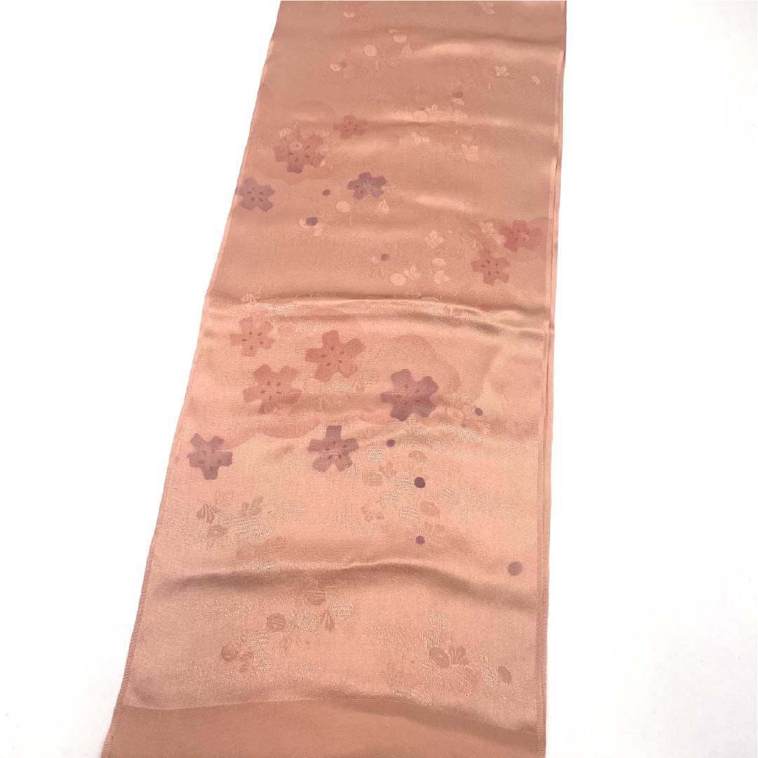Semi-formal silk obiage (sash), S-rank, Shinonome-iro (Shinonome color), featuring a classic floral pattern, approximately 172cm long and 29.5cm wide, in pink. Product code: 1136002042913
