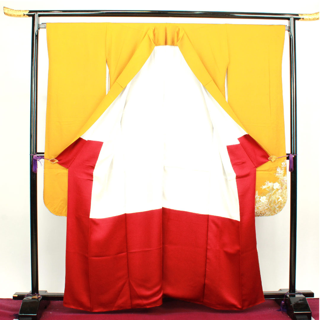 振袖 正絹 Sランク 身丈161cm 裄丈67cm 袷 黄茶色(きちゃいろ) 京友禅 御所車 草花模様 黄系 1113002352423