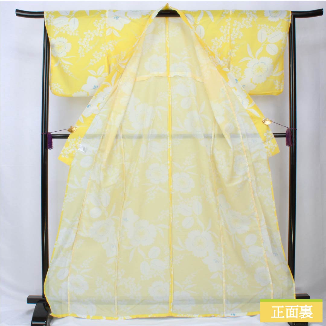 (新品未使用品) 浴衣 ポリエステル 身丈167.5cm 裄丈65cm NEWランク 単衣 黄系 黄色 花柄 桔梗 萩 1118005741523