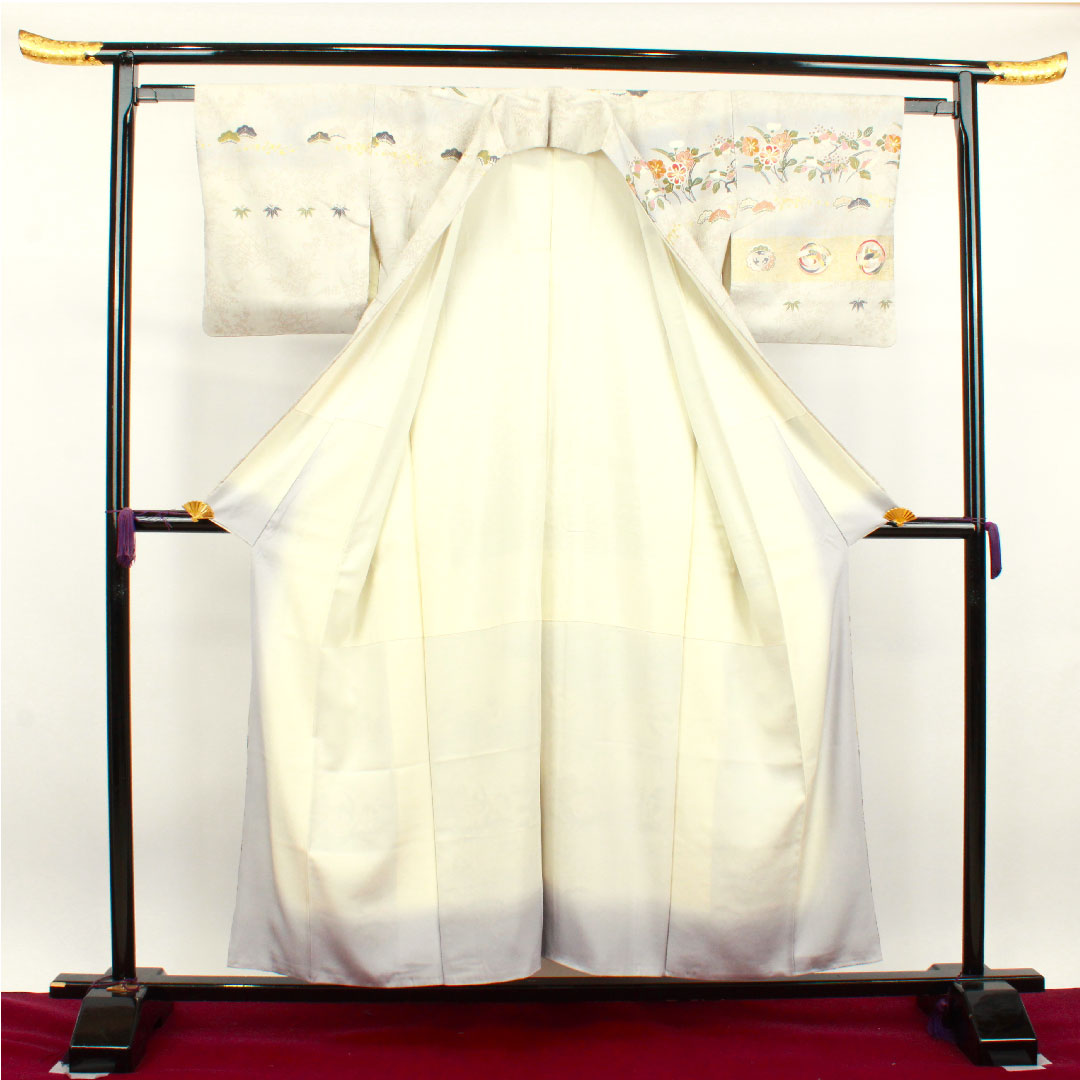訪問着 正絹 袷 身丈155cm 裄丈61cm 雲井鼠色 京友禅 竹 松 鶴 Aランク グレー系 1112002923322