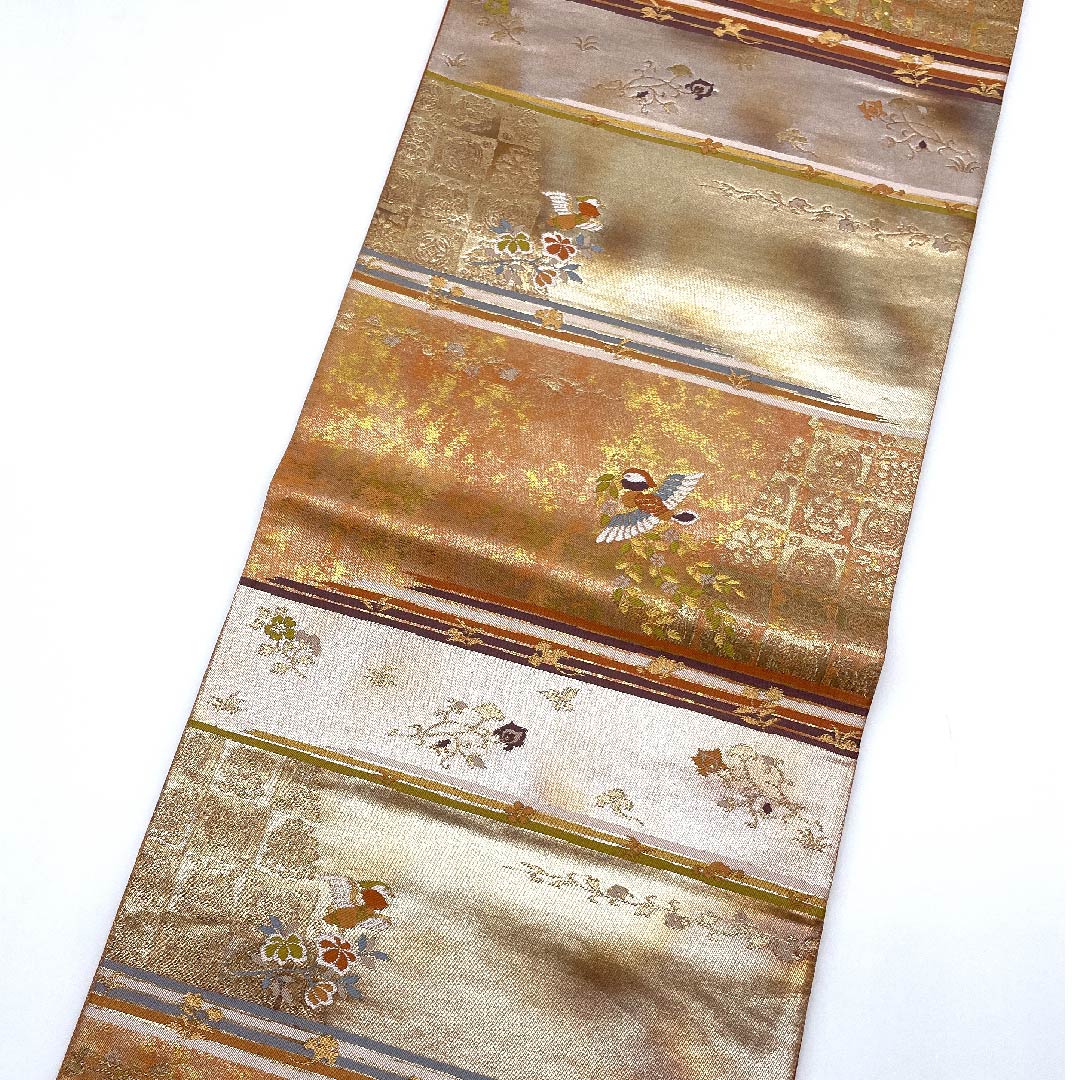 袋帯 纁色(そひいろ) 横段 鳳凰 花唐草 蝶 帯丈430cm 正絹 Aランク 六通 セミフォーマル グラデーション系 1123007963399