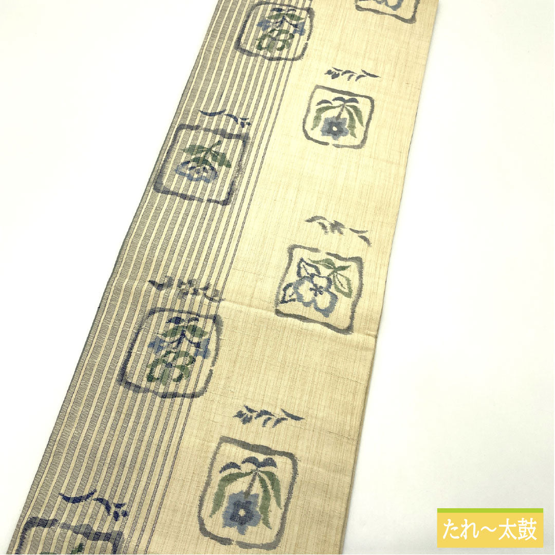 袋帯 正絹 Sランク 抽象花 紬地 帯丈442cm 全通 カジュアル クリーム系 1123016612315