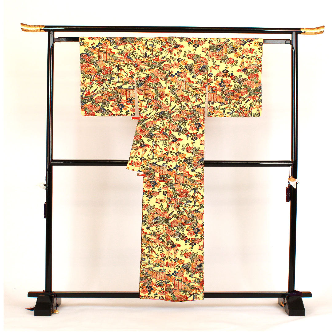 小紋 身丈158cm 裄丈65cm 袷 型染 紬地 正絹 Sランク 黄系 1115000502323