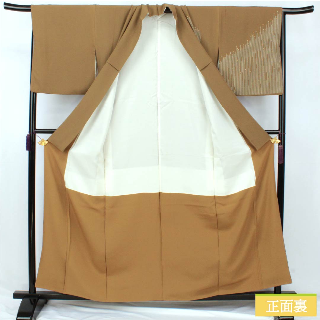 Homongi (visiting kimono) made of pure silk, rank B, lined, length 158.5cm, sleeve length 66cm, mulberry dyed, with one crest, three pine trees, and a noshi (gift wrapping) design, plum and chrysanthemum motifs, brown, product number 1112007324314