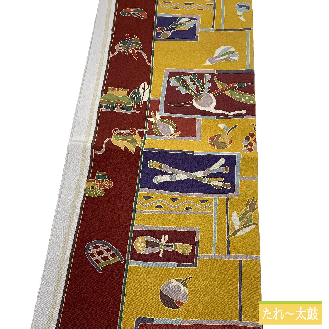 Nagoya obi, pure silk, tin color, vegetable pattern, long, agricultural equipment, obi length 384cm, S rank, full length, casual, gray, 1124006282422, open style