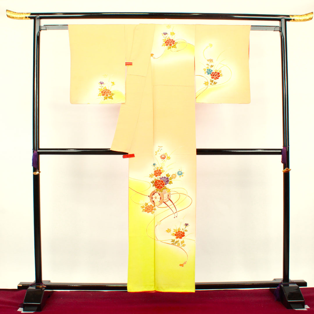 訪問着 袷 身丈152.5cm 裄丈64cm 朱華色 京友禅 花車 正絹 Sランク 朱系 1112002312216