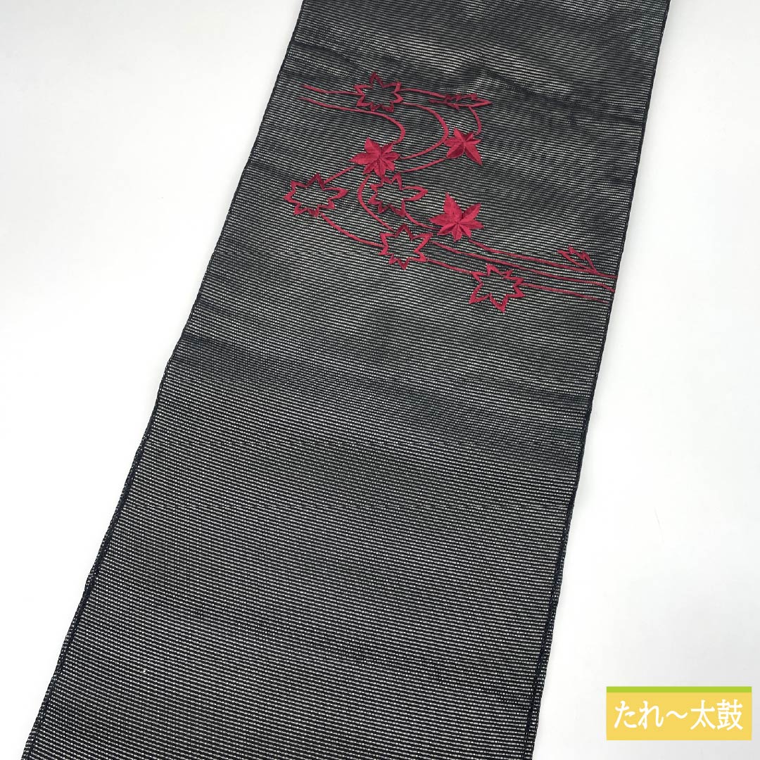 Nagoya Obi, Pure Silk, Summer Obi, Autumn Leaves Embroidery, Obi Length 367cm, S Rank, Point Pattern, Semi-Formal, Black, 1124006752310, Nagoya Made