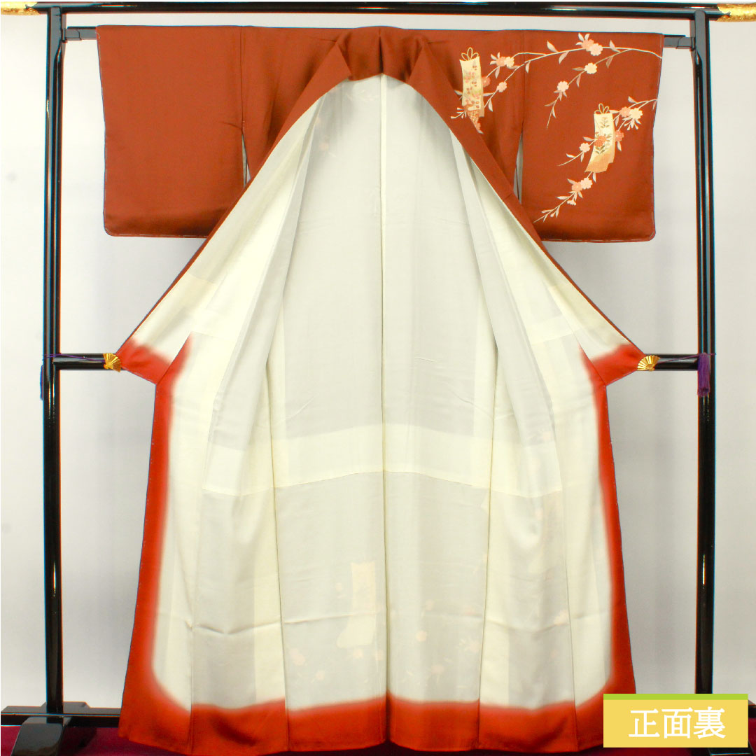 訪問着 正絹 袷 身丈163.5cm 裄丈63.5cm 海老茶色(えびちゃいろ) 京友禅 蘇州刺繡 汕頭刺繡 草花模様 しつけ糸付き Sランク 茶系 1112004432414