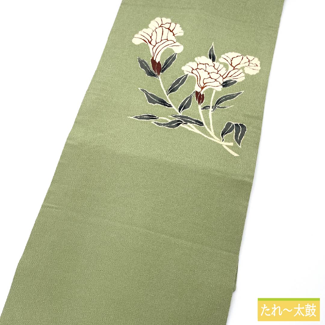Nagoya Obi, Pure Silk, Grade A, Light Indigo (Asakiaiiro), Stencil-Dyed Chirimen Fabric, Floral Pattern, Length 358cm, Pointed Pattern, Casual, Green, Product Number 1124009103319, Nagoya Style