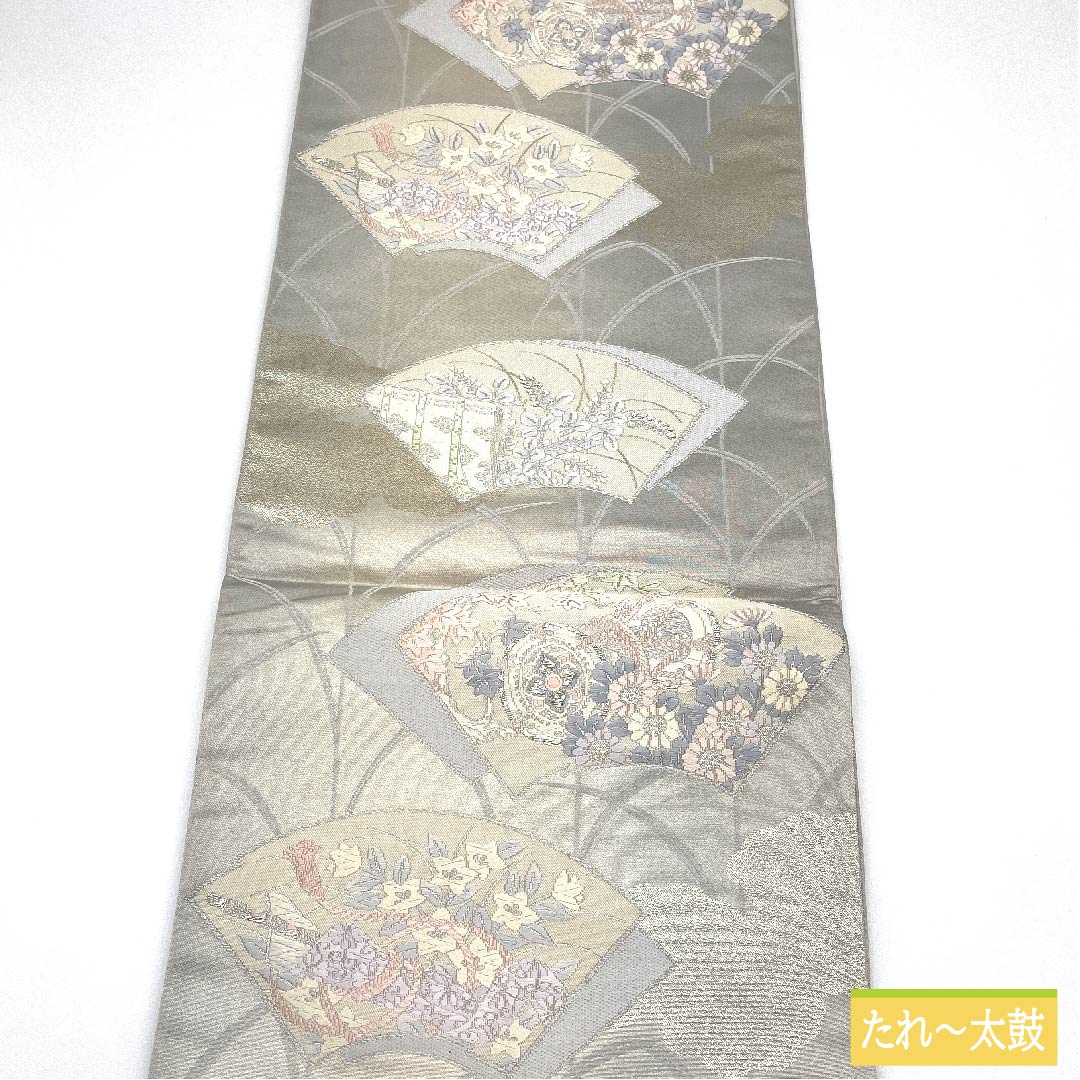 Fukuro Obi (Sash) - Pure Silk, Light Gray, Fan Pattern, Bellflower, Drum, Autumn Leaves, Length 428cm, A Rank, Six-way, Formal, Gray, 1123011823322