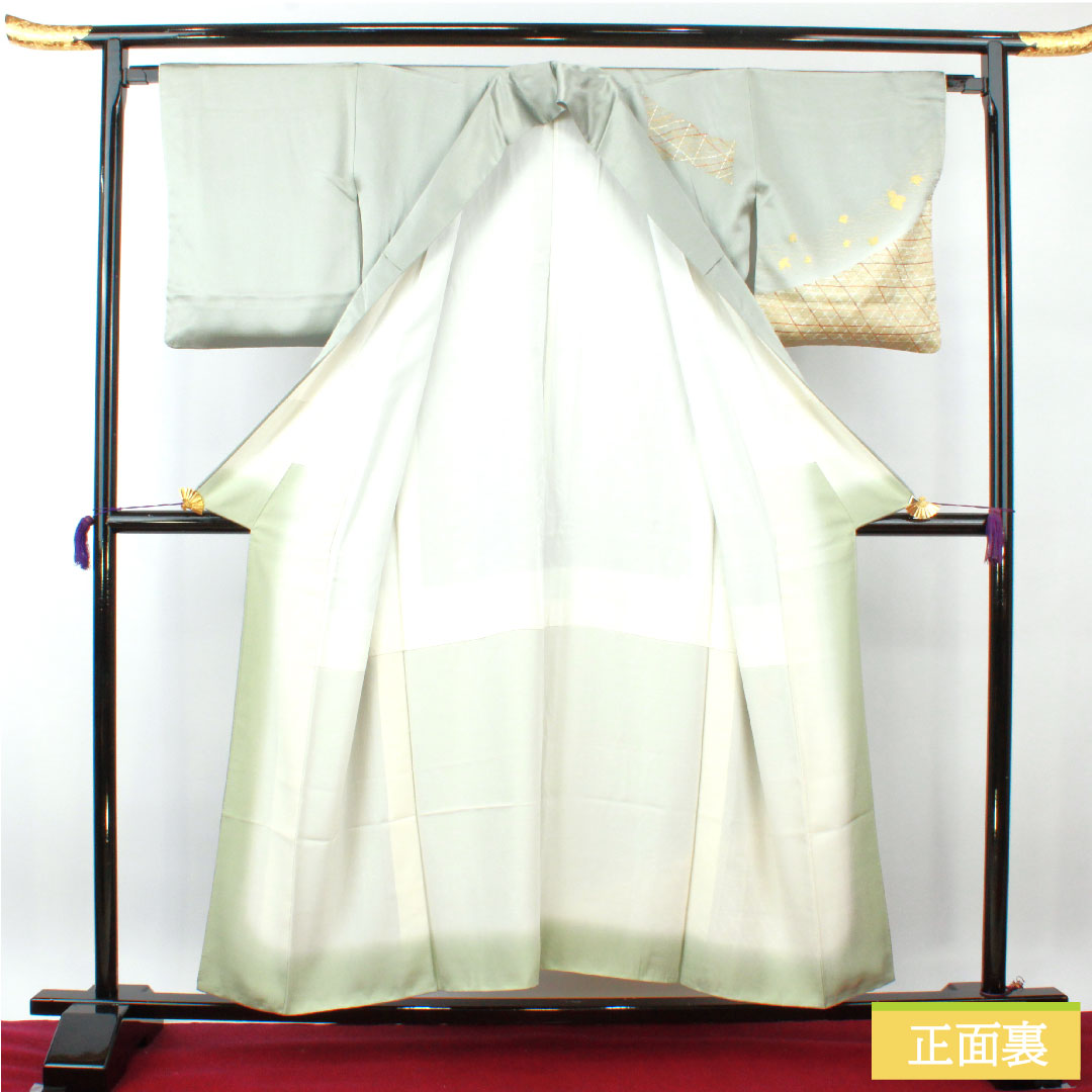 Homongi, pure silk, lined, length 154cm, sleeve length 65cm, Kyoto Yuzen, embroidery, A rank, green, 1112004123219