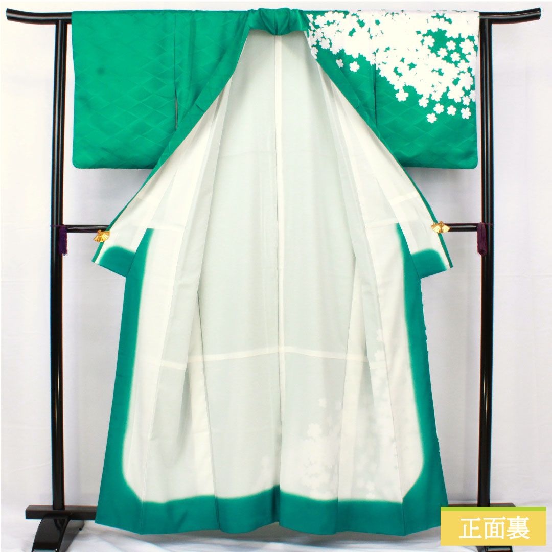 Homongi (formal kimono) made of polyester, lined, length 159cm, sleeve length 62cm, peacock green, washable kimono, cherry blossom, S rank, green, 1112005372319