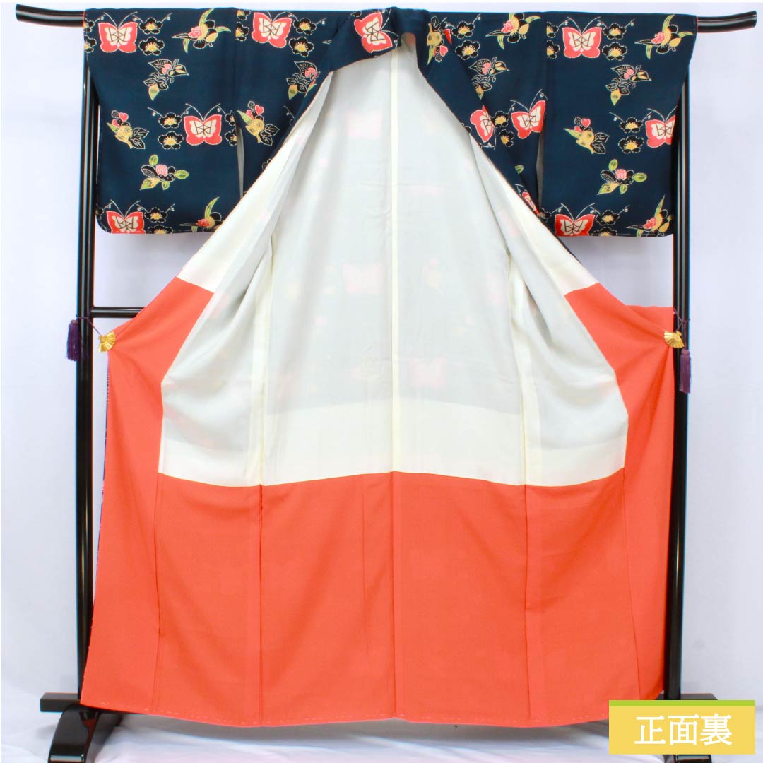 小紋 正絹 Sランク 身丈164cm 裄丈68cm 袷 濃紺色(のうこんいろ) 京紅型 一方付け 蝶 花 紺系 1115007712418
