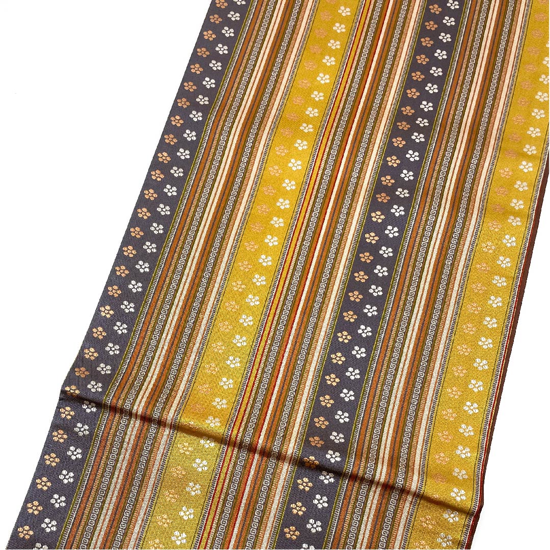 Fukuro Obi, Striped, Floral Pattern, Length 442cm, Pure Silk, A Rank, Full Length, Casual, Gradient Style, 1123005973399