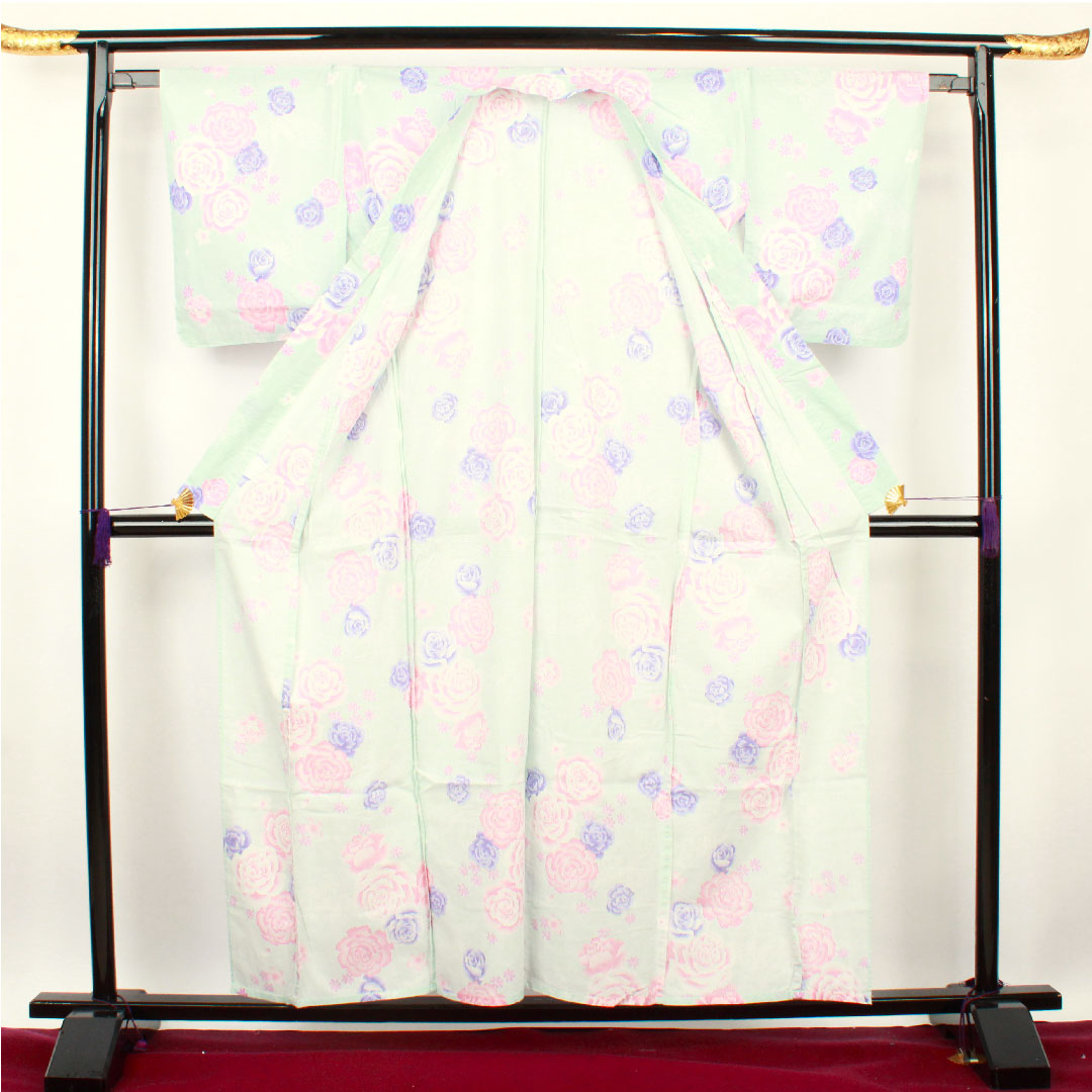 Yukata Indigo White Rose Cherry Blossom Butterfly Cotton A Rank Single Layer Length 158.5cm Sleeve Length 63.5cm Blue 1118001113317