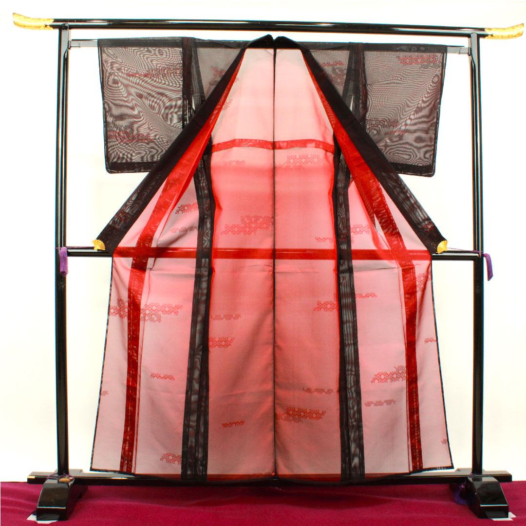 Summer item, pure silk, plain color, length 159.5cm, sleeve length 61.5cm, azuki brown, geometric pattern, basting thread included, unused item, gauze, S rank, red, 1132001732312
