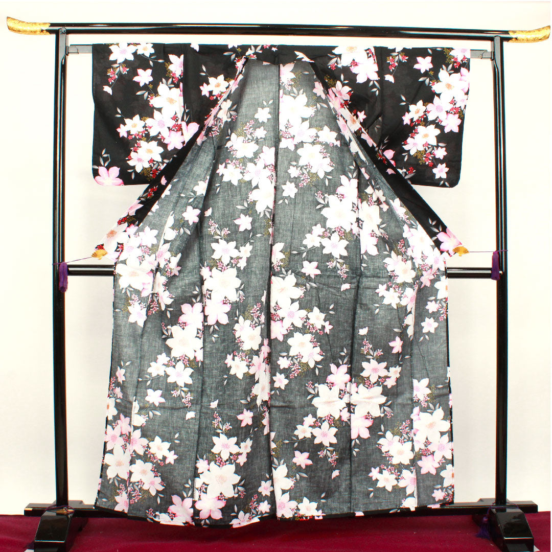 Yukata Flower Pattern Cotton S Rank Single Layer Length 162cm Sleeve Length 67cm Black 1118001162410