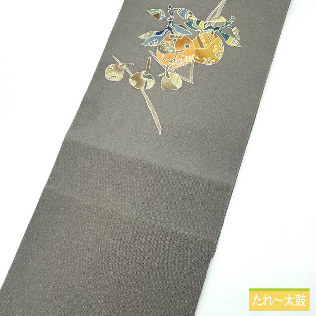 名古屋帯 灰色(はいいろ) ちりめん地 染め帯 野菜 帯丈374cm 正絹 Sランク ポイント柄 カジュアル グレー系 1124007572322 名古屋仕立て