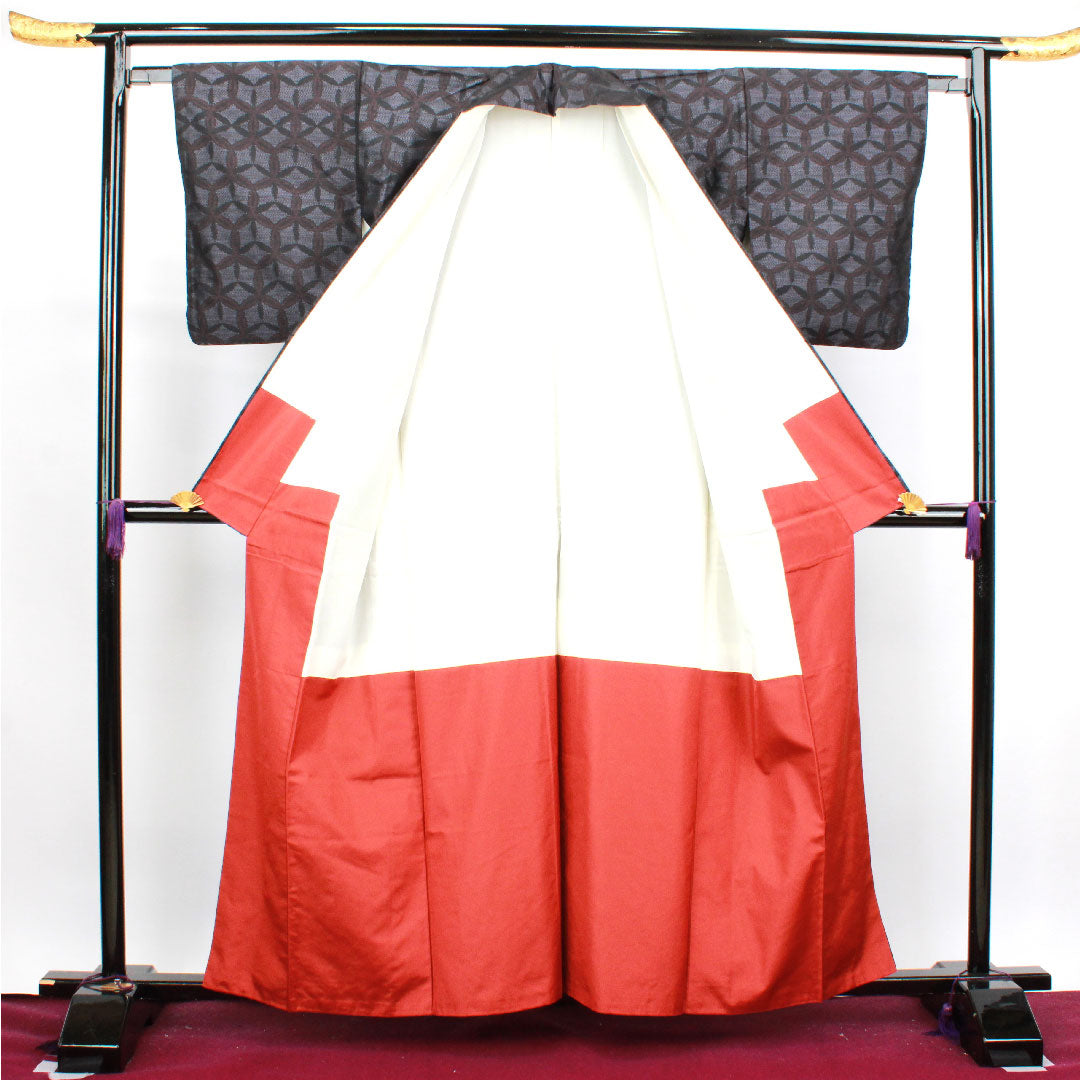 Oshima Tsumugi, Length 160cm, Sleeve length 63.5cm, Weft Kasuri, Shippo, Pure Silk, A Rank, Lined, Black, 1116002583410