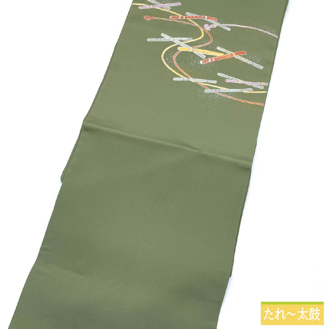 Nagoya-style obi, pure silk, S-rank, Iwai brown (Iwai Chairo), dyed with a flute, length 372cm, accent pattern, semi-formal, green, 1124010672319, Nagoya-made