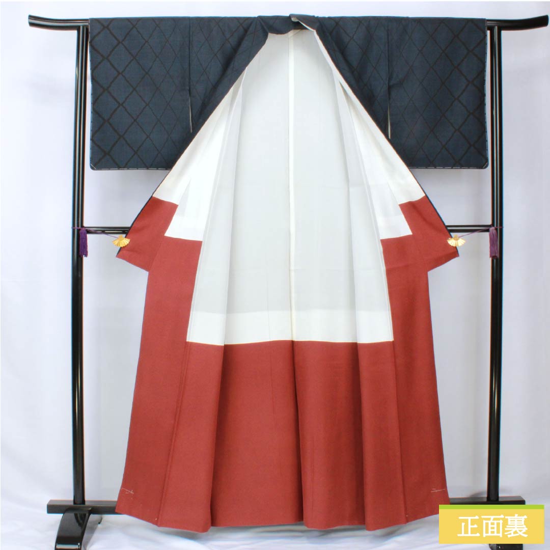 Silk Tsumugi (Japanese kimono), Length 160.5cm, Sleeve Length 62.5cm, Korean Indigo Blue, Oshima Tsumugi, 7 Marks, Ichigen Kasuri, A-Rank, Lined, Navy Blue, Product Number: 1116003793418