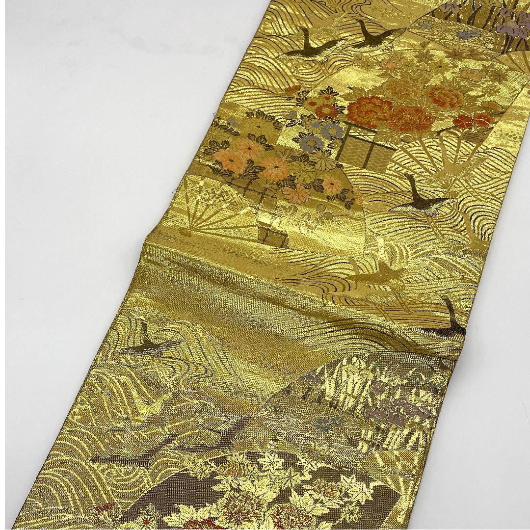 袋帯 金色 扇にボタン菊 飛鶴 留袖用 帯丈396cm 正絹 Aランク 六通 フォーマル 金系 1123004733321