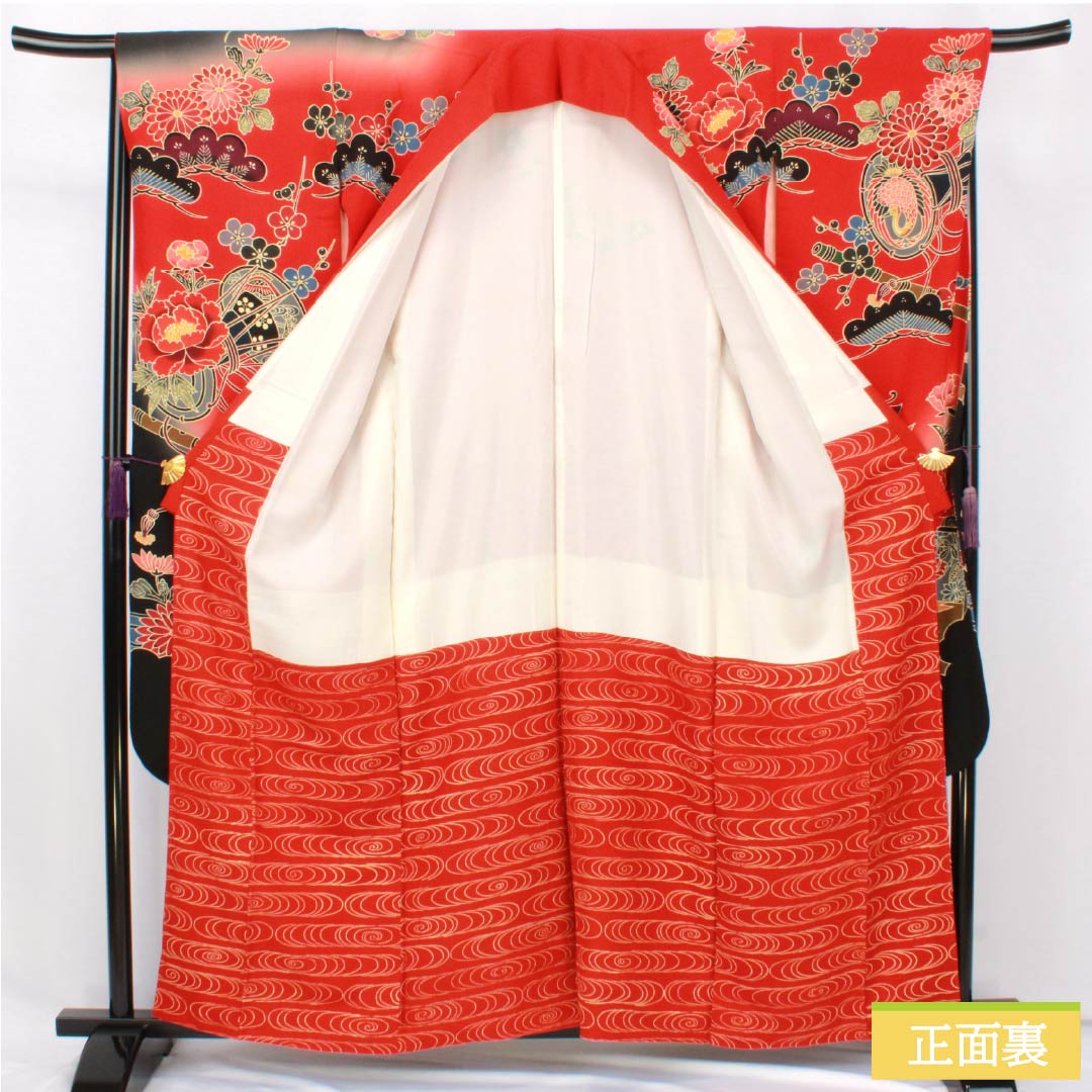 振袖 正絹 Sランク 身丈161.5cm 裄丈67.5cm 袷 赤色(あかいろ) 京紅型 吉祥文様 松竹梅 蝶 鼓 赤系 1113002722412