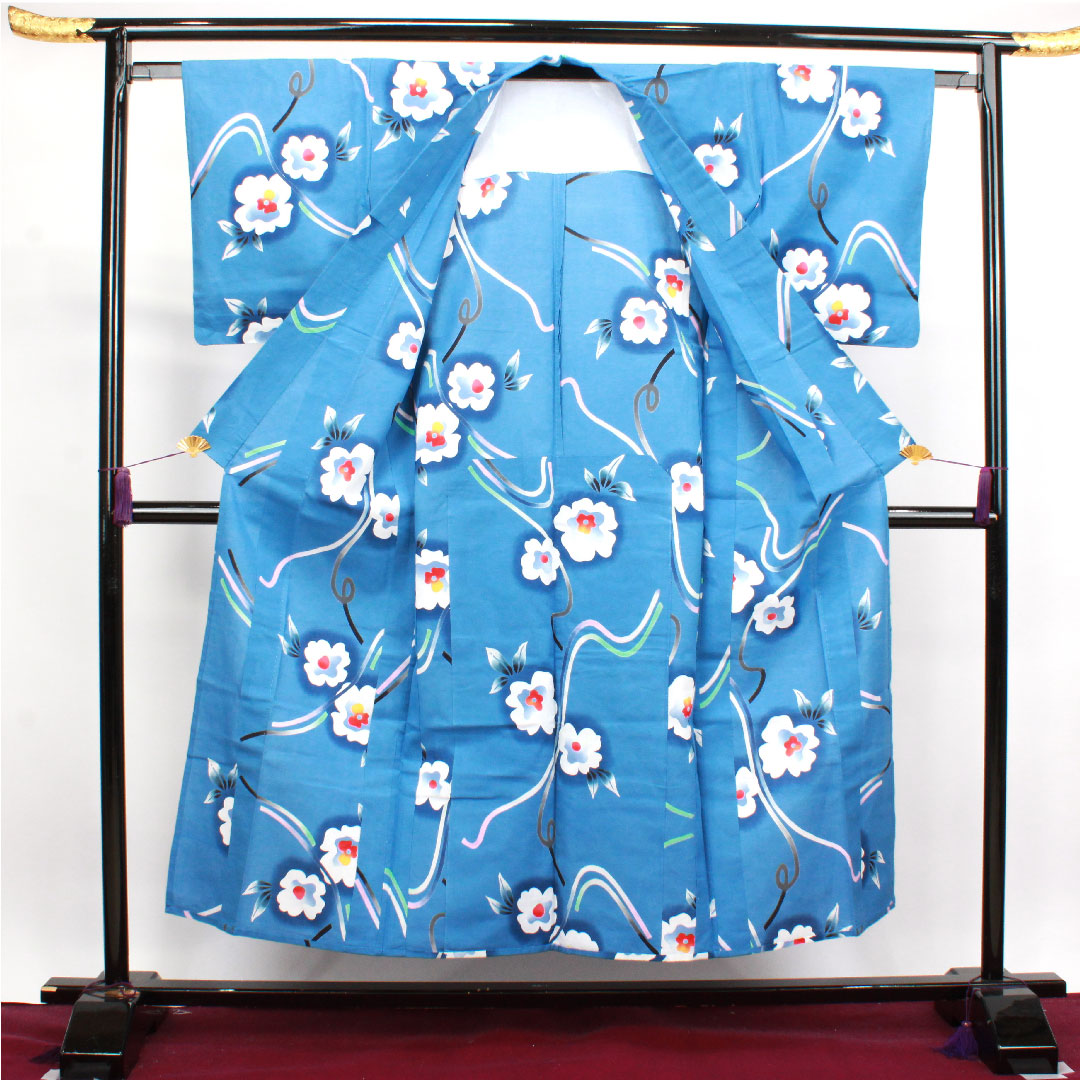 Yukata, sky blue, floral pattern, cotton, S rank, single layer, length 152cm, sleeve length 63cm, blue 1118003342217