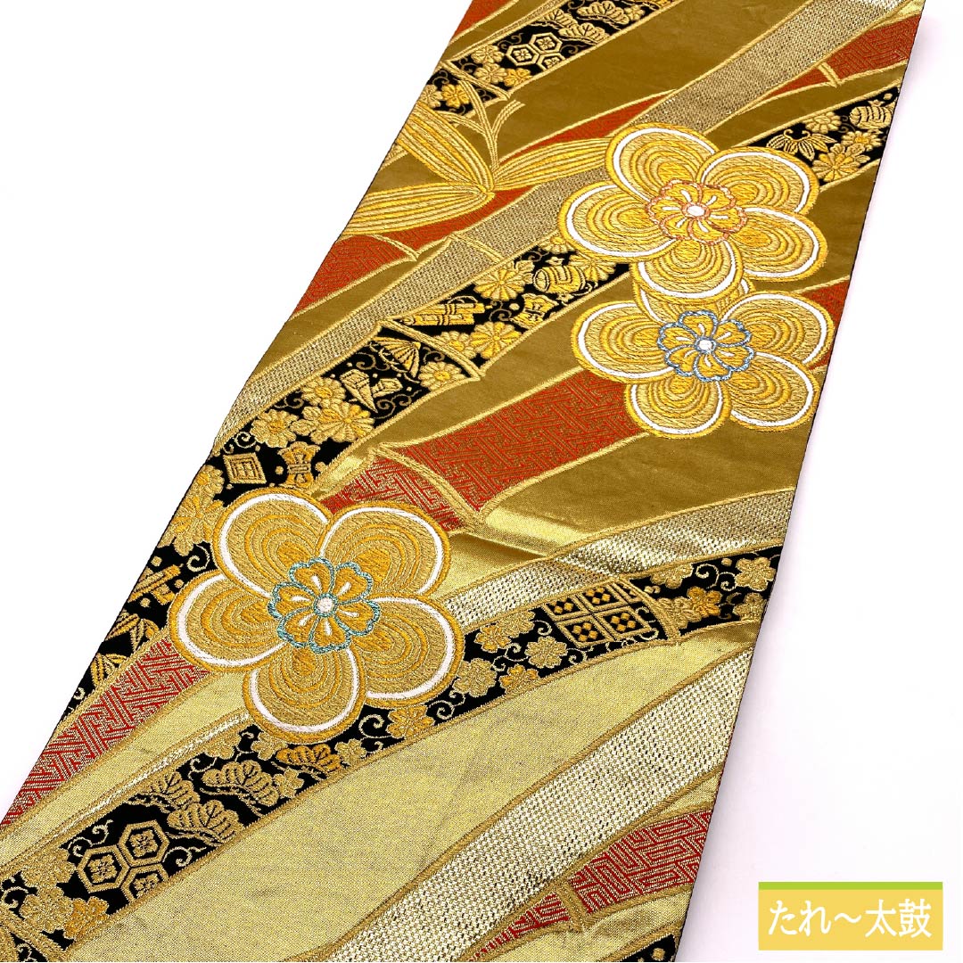 Fukuro Obi, Pure Silk, For Furisode, Ikishoka Takumi Nishiki, Twisted Plum, Treasures, Length 420cm, S Rank, Six-way, Formal, Gold, 1123013792321