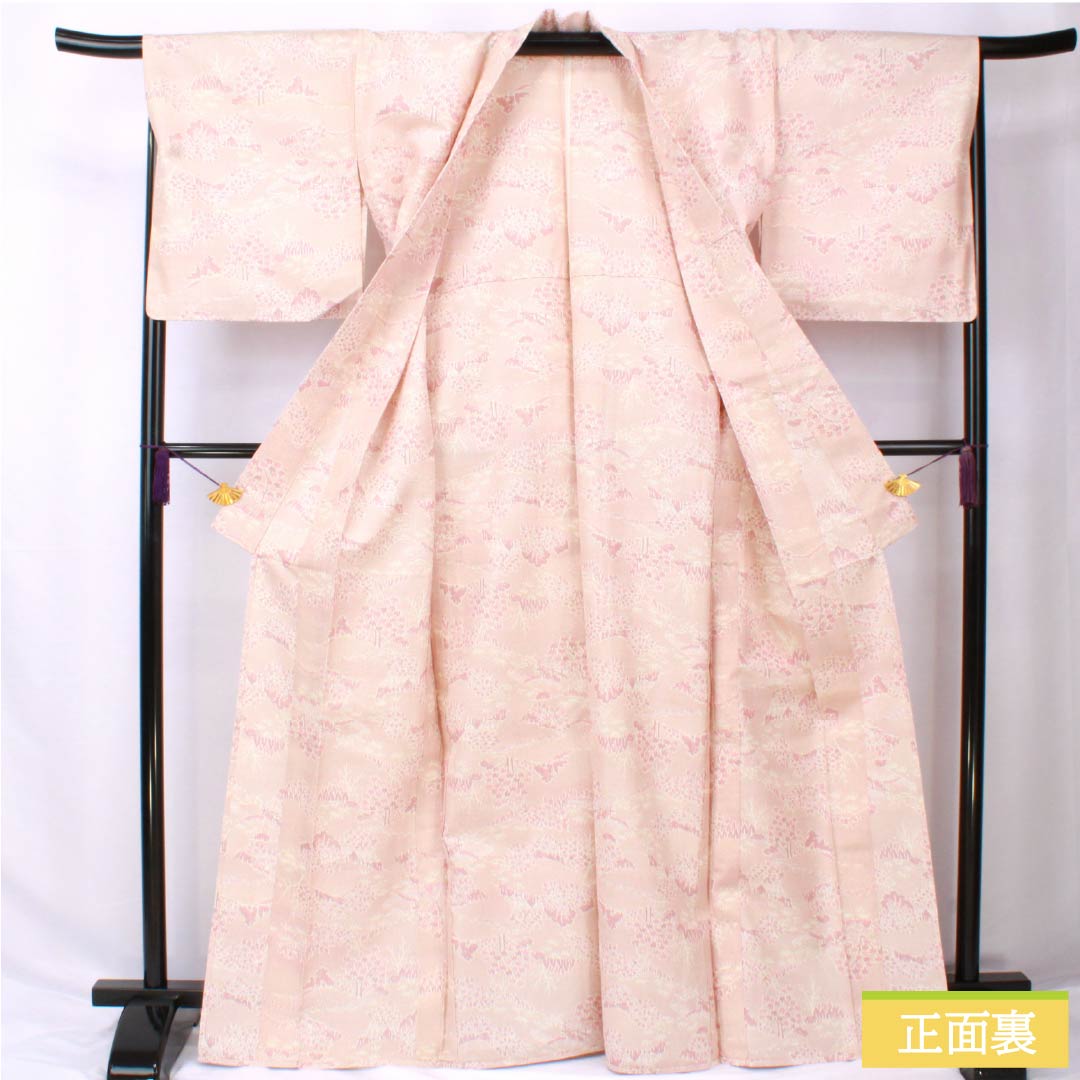 Pure silk tsumugi kimono, length 169.5cm, sleeve length 67cm, light purple (asa-kimono) color, landscape pattern, S rank, single layer, pink, product code 1116003822513