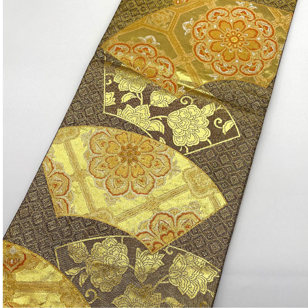 Fukuro-obi (sash), gold, pure gold leaf, full-length, ground paper, Shukko flower pattern, fan-shaped, obi length 438cm, pure silk, A rank, full-length, formal, gold-based, 1123006633321