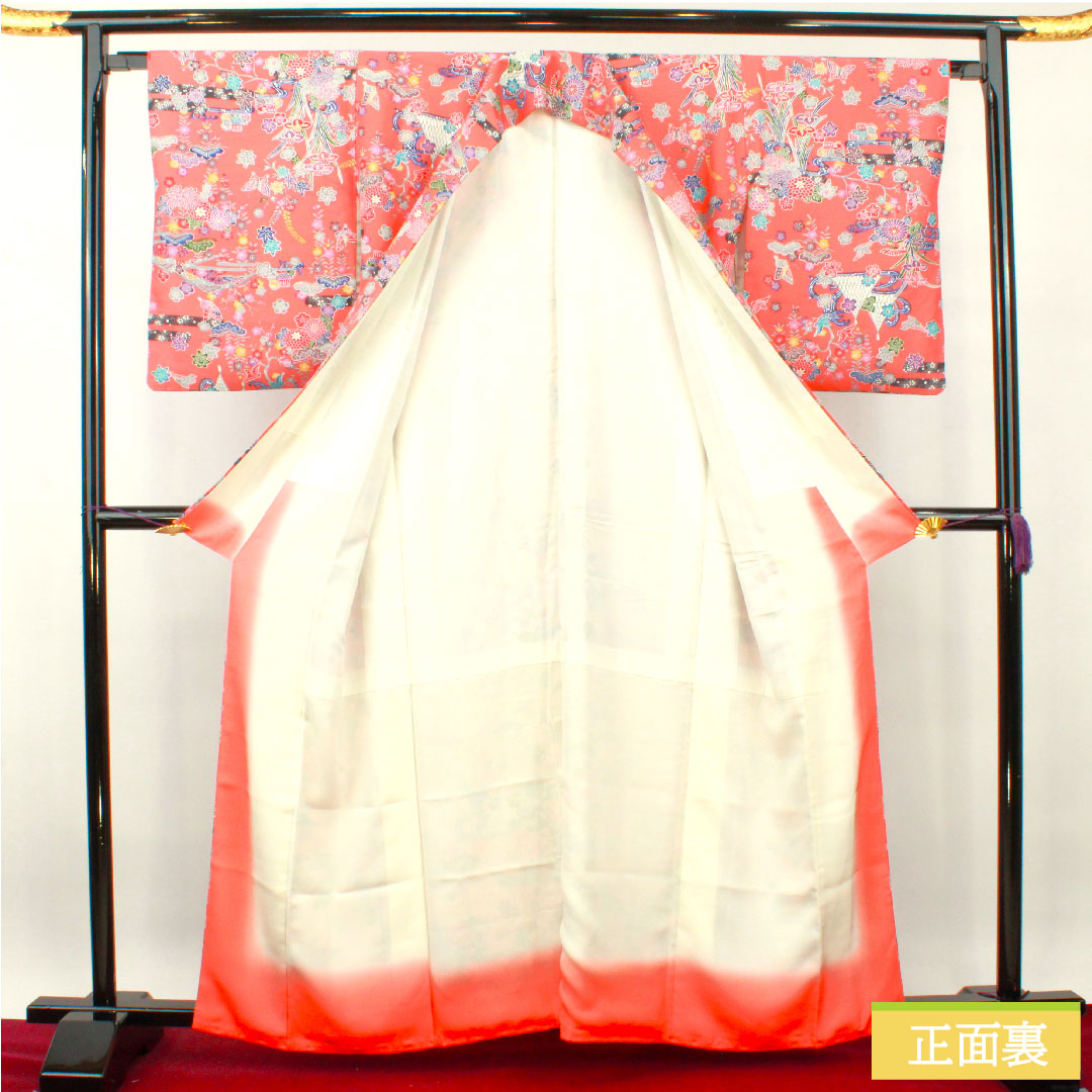 Komon, pure silk, length 161.5cm, sleeve length 64.5cm, lined, medium crimson, Kyoto Bingata, auspicious motif, S rank, pink, 1115004022413
