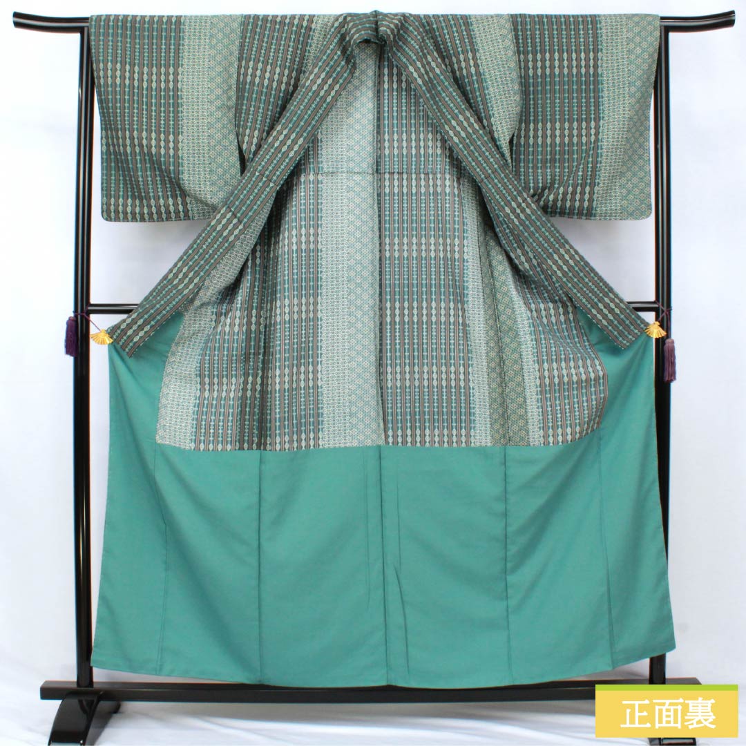 Polyester Komon, Rank S, Length 158cm, Sleeve-to-shoulder 65.5cm, Lined, Chalcanthite (Tanbairo) Color, Stenciled Dyeing, Abstract Pattern, Half-lined, Washable Kimono, Green-based, 1115007932319