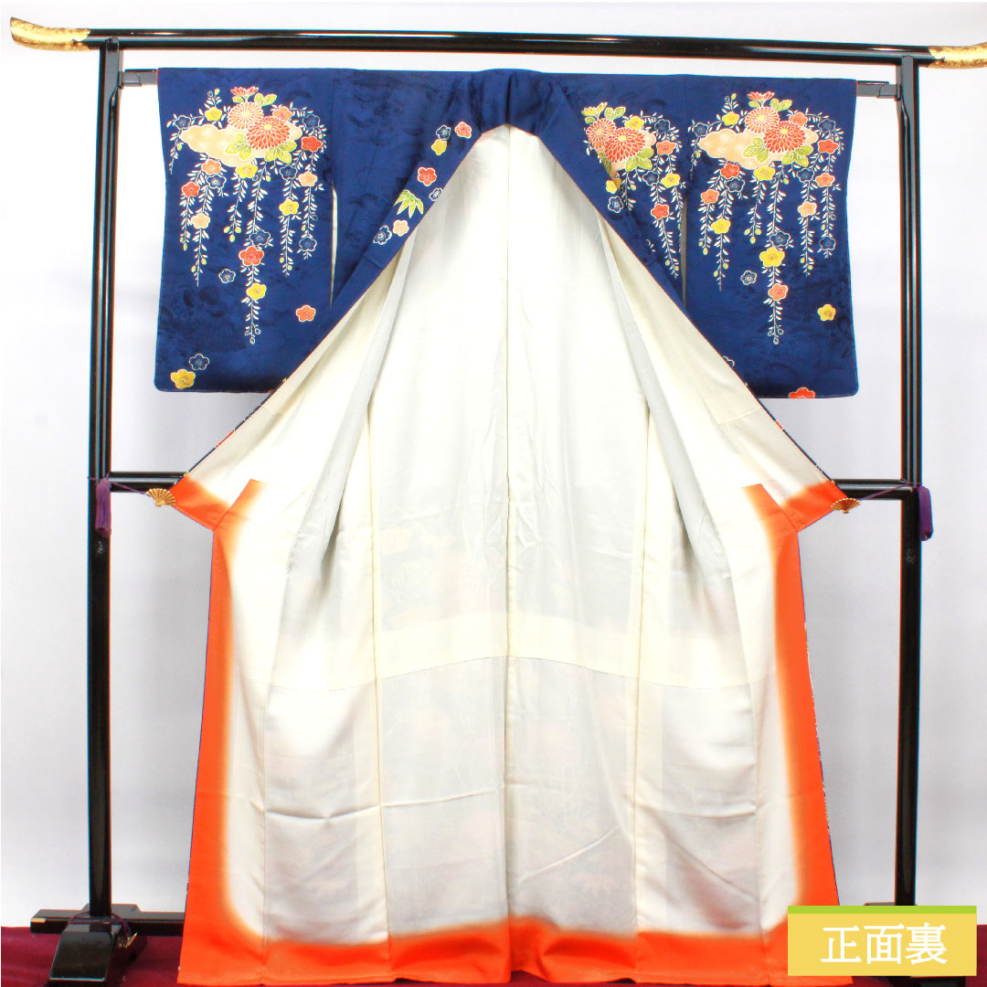 Homongi, pure silk, lined, length 168cm, sleeve length 63.5cm, deep bellflower color, Kyoto Yuzen, chrysanthemum, plum, A rank, navy blue, 1112003393518