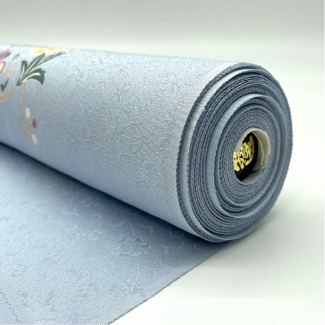 Fabric, Komon, Pure Silk, Pale White, Kyoto Yuzen, Floral Pattern, 13.5cm Wide, New Rank, Light Blue, 1130001051924